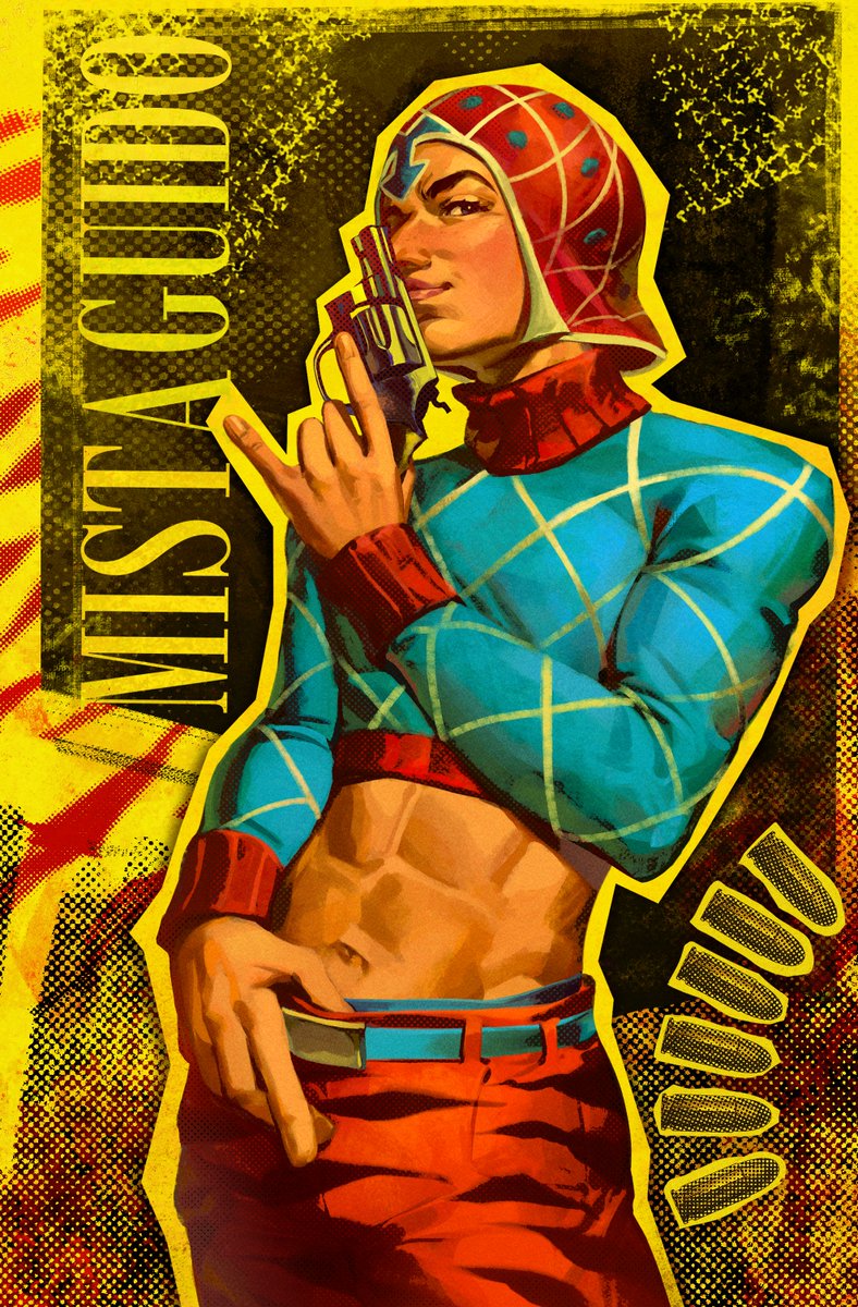 1boy \m/ abs animal_print argyle_clothes argyle_hat argyle_sweater belt black_eyes blue_belt blue_sweater character_name crop_top guido_mista gun handgun hat highres holding holding_gun holding_weapon jojo_no_kimyou_na_bouken long_sleeves male_focus midriff navel pants red_hat red_pants revolver smile solo sweater turtleneck turtleneck_sweater vento_aureo weapon yahidna zebra_print