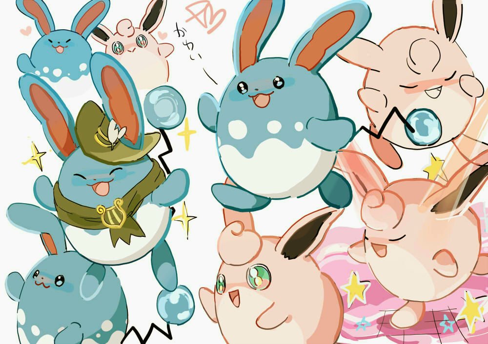 :d azumarill azumarill_(wanderer) blue_skin cc8nw42u15apug0 closed_eyes clothed_pokemon colored_skin commentary_request gen_1_pokemon gen_2_pokemon green_eyes green_hat green_scarf hat heart music nintendo open_mouth pink_skin pokemon pokemon_(creature) scarf singing smile sparkle standing standing_on_one_leg star_(symbol) tail translation_request white_background wigglytuff