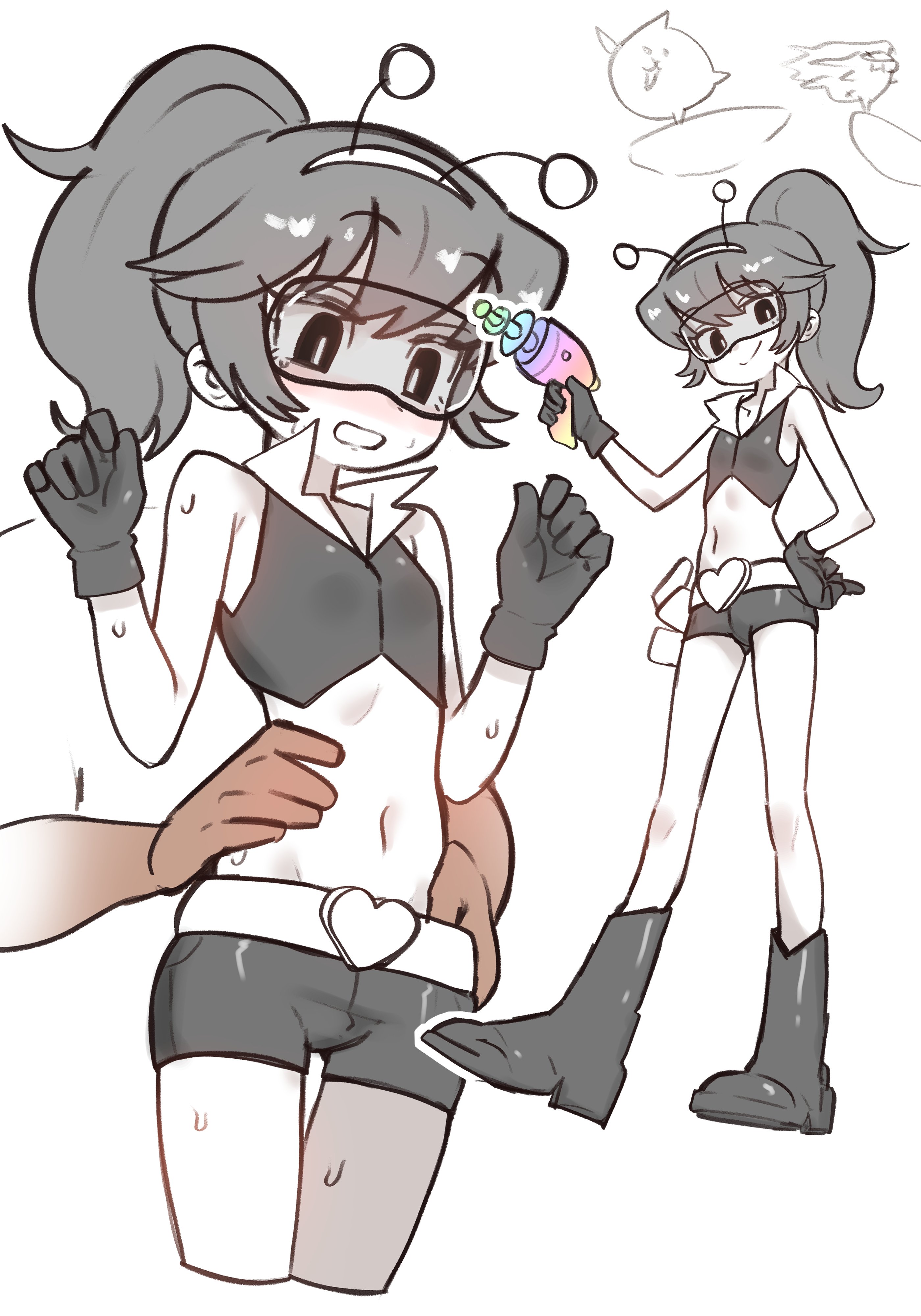 1girl 1other absurdres bare_shoulders blush boots commentary ebora energy_gun english_commentary fake_antennae flat_chest gloves goggles grey_boots grey_gloves grey_hair grey_shorts hairband hand_in_pants hands_on_another's_stomach highres midriff momoco_(nyanko_daisensou) multiple_views navel nyanko_daisensou open_mouth out_of_frame pale_skin ponytail ray_gun short_hair short_shorts shorts sidelocks sweat weapon white_background