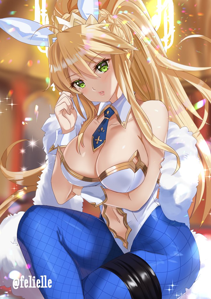 1girl arm_under_breasts artoria_pendragon_(fate) artoria_pendragon_(swimsuit_ruler)_(fate) artoria_pendragon_(swimsuit_ruler)_(first_ascension)_(fate) blonde_hair blue_necktie blue_pantyhose breasts cleavage clothing_cutout coat commentary crossed_legs english_commentary fate/grand_order fate_(series) felielle fur-trimmed_coat fur_trim green_eyes indoors large_breasts leotard long_hair navel navel_cutout necktie pantyhose parted_lips playboy_bunny ponytail solo white_leotard wrist_cuffs