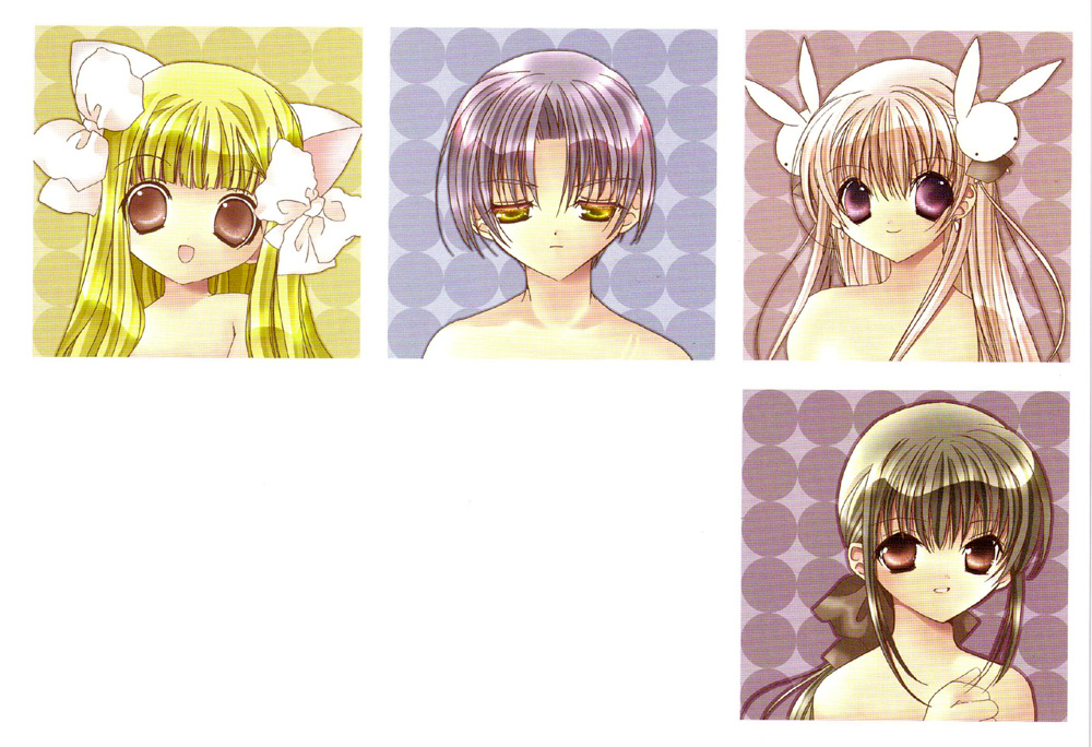 1boy 3girls animal_ears bare_shoulders blonde_hair blunt_bangs bow brown_eyes brown_hair cat_ears green_eyes hair_bow hair_ornament higuchi_kotarou koge_donbo misha misha_(pita_ten) multiple_girls official_art parted_bangs pink_hair pita_ten purple_eyes purple_hair rabbit_hair_ornament shia shia_(pita_ten) uematsu_koboshi