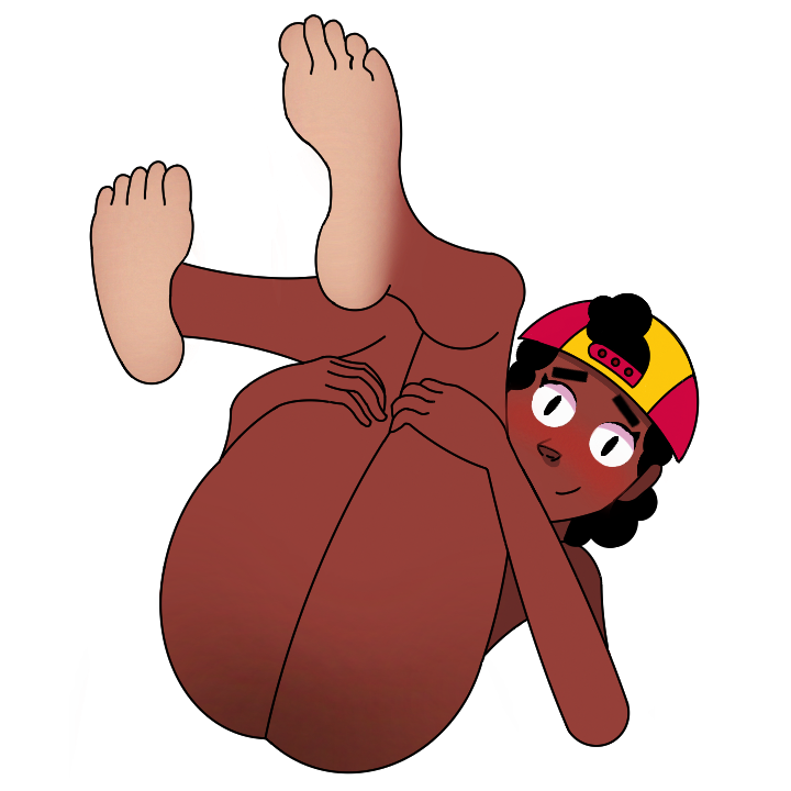 1girl ass bare_legs barefoot black_eyes black_hair blush brawl_stars closed_mouth curly_hair dark-skinned_female dark_skin embarrassed feet feet_up holding_legs legs legs_up looking_at_viewer lying meg_(brawl_stars) no_panties non-web_source random_br1 self-upload smile soles solo source_request toes white_background