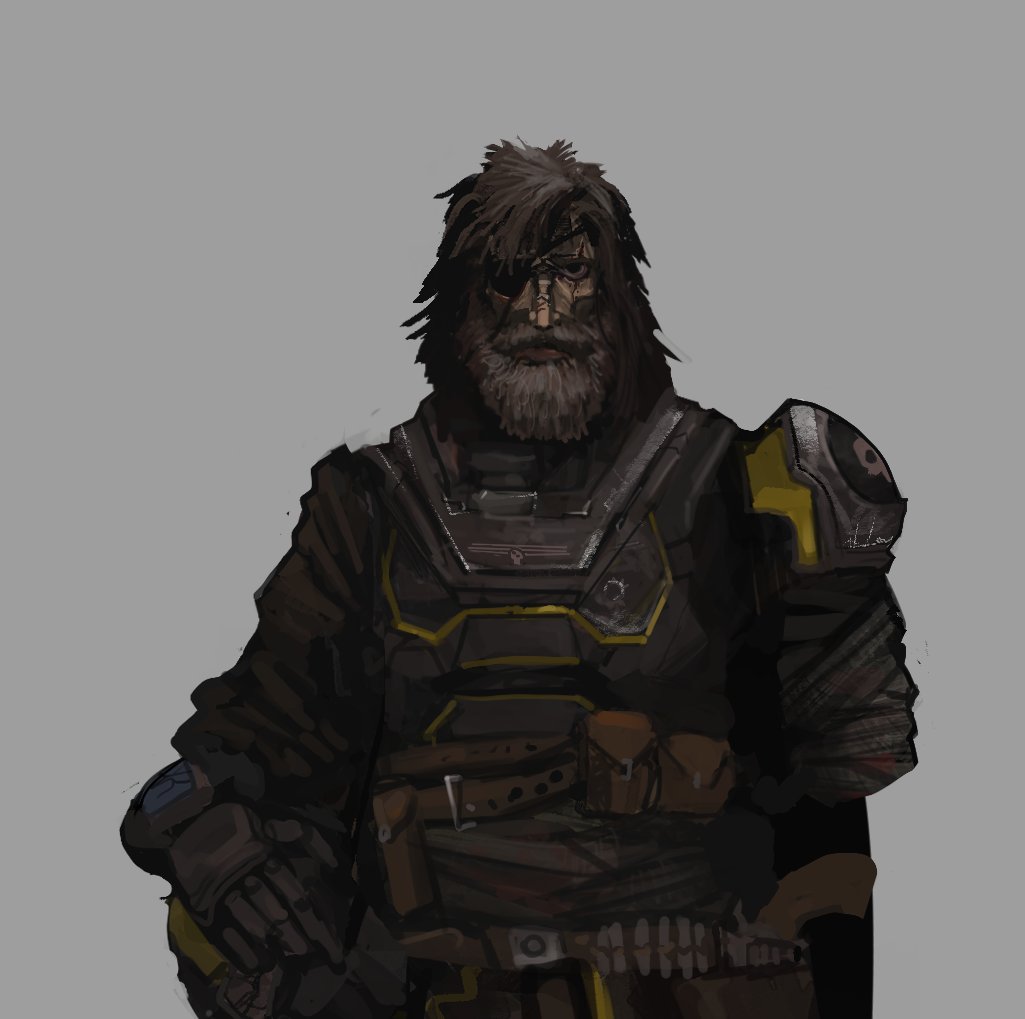 1boy ammunition_belt ammunition_pouch armor bandana beard cape eyepatch facial_hair full_beard gloves gun handgun helldiver_(helldivers) helldivers_(series) helmet looking_at_viewer missing_limb old old_man pauldrons pouch revolver shoulder_armor simple_background single_pauldron skull solo vei0_deseho weapon