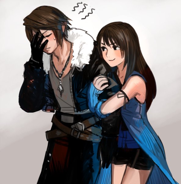 1boy 1girl arm_warmers bike_shorts black_hair blush brown_eyes brown_hair closed_mouth dress closed_eyes final_fantasy final_fantasy_viii fur_trim gloves jacket jewelry long_hair necklace rinoa_heartilly sasumata_jirou simple_background sleeveless sleeveless_duster smile squall_leonhart square_enix sweatdrop