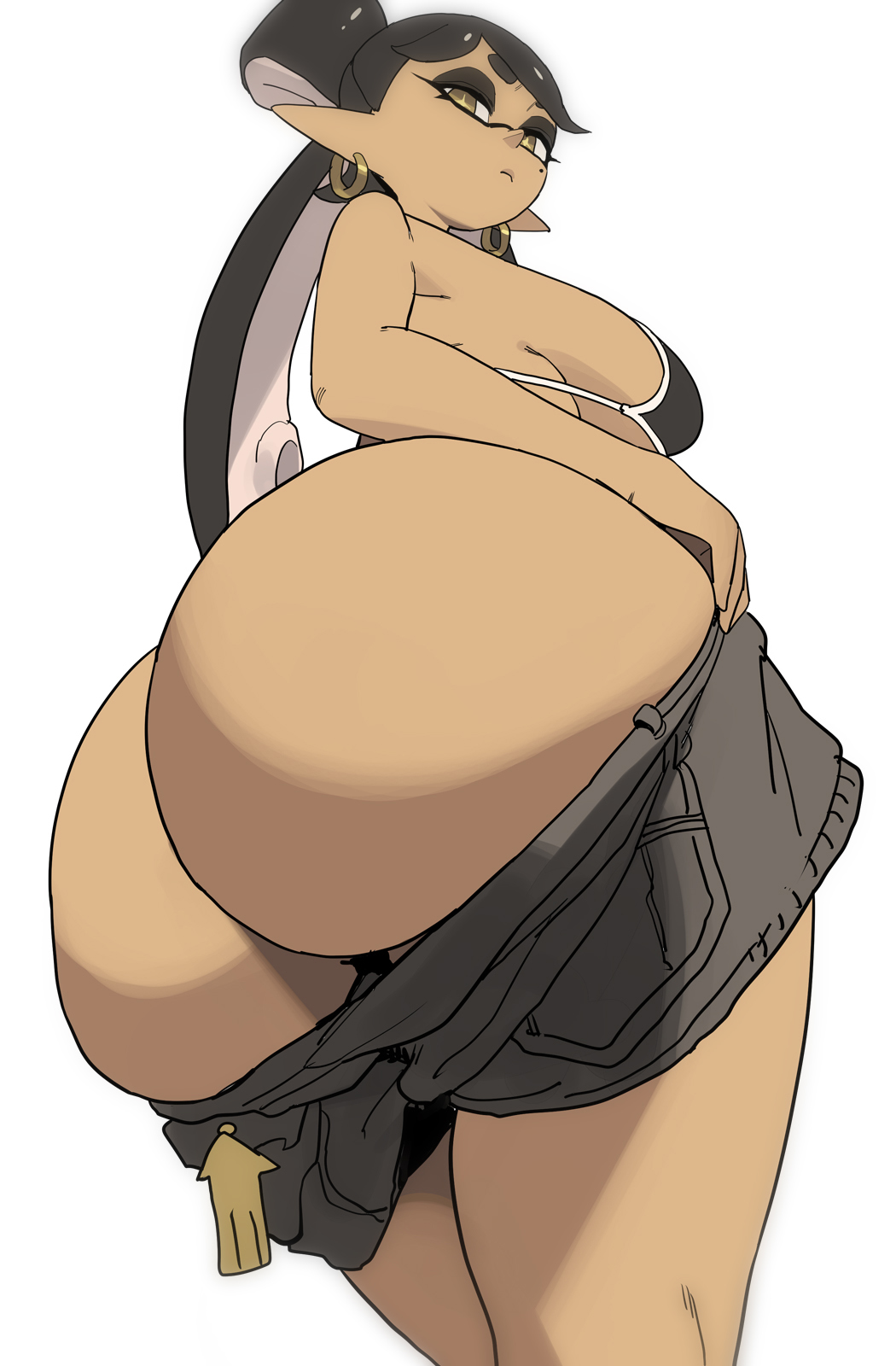 1girl ass bikini black_bikini breasts callie_(splatoon) clothes_pull curvy dark-skinned_female dark_skin earrings highres huge_ass inkling jewelry large_breasts long_hair looking_at_viewer mole mole_under_eye nintendo pointy_ears shorts shorts_pull simple_background solo splatoon_(series) swimsuit tentacle_hair white_background yuta_agc
