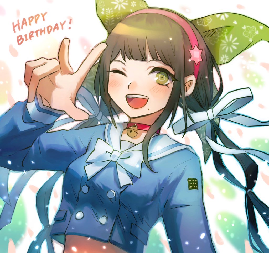 1girl ;d arm_at_side bell blue_shirt blush bow bowtie brown_hair buttons cat_cat_mammoth chabashira_tenko choker commentary_request danganronpa_(series) danganronpa_v3:_killing_harmony double-breasted dutch_angle falling_petals green_bow green_eyes hair_bow hair_ribbon hairband hand_up happy_birthday light_particles long_hair long_sleeves low_twintails neck_bell one_eye_closed open_mouth orange_petals petals pink_hairband puffy_long_sleeves puffy_sleeves red_choker ribbon ringed_eyes sailor_collar school_uniform shirt simple_background smile solo teeth twintails upper_body upper_teeth_only w white_background white_bow white_bowtie white_ribbon white_sailor_collar
