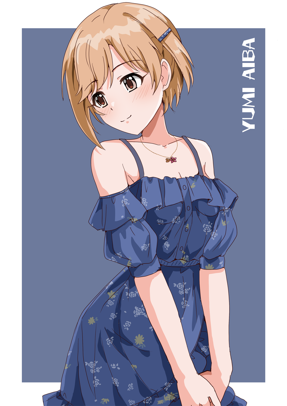 1girl aiba_yumi blue_dress brown_eyes brown_hair character_name dress floral_print hair_ornament hairclip highres idolmaster idolmaster_cinderella_girls illustscody jewelry light_smile looking_to_the_side necklace off-shoulder_dress off_shoulder short_hair short_sleeves solo spaghetti_strap