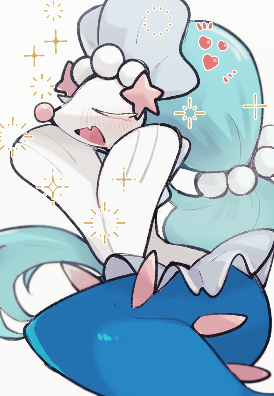 1girl :d bad_tag blue_hair blush closed_eyes colored_eyelashes fang furry furry_female gem gen_7_pokemon hair_ornament heart highres long_hair looking_at_viewer mermaid monster_girl multi-tied_hair nintendo open_mouth pearl_(gemstone) pearl_hair_ornament pokemon pokemon_(creature) primarina sea_lion simple_background sitting skin_fang smile snout solo sstoh starfish_hair_ornament upper_body