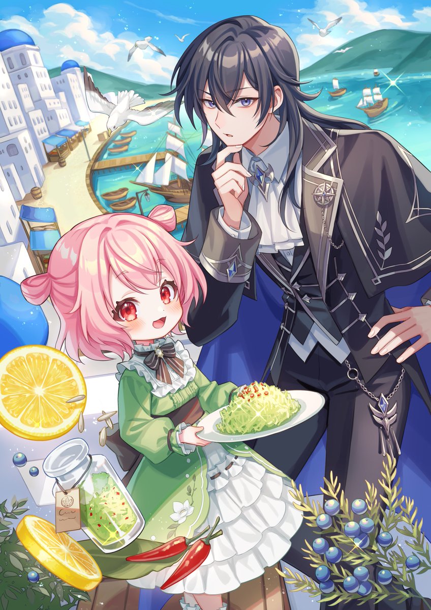 1boy 1girl :d ascot bird black_bow black_bowtie black_hair black_jacket black_pants blue_eyes blush bow bowtie chili_pepper commentary_request day food frilled_skirt frills fruit green_shirt hair_between_eyes hand_on_own_chin holding holding_plate jacket jar lemon lemon_slice long_hair long_sleeves looking_at_viewer ocean open_clothes open_jacket open_mouth original outdoors pants pink_hair plate red_eyes seagull seaweed ship shirt short_hair skirt smile standing suzaku_(zaku6584) watercraft white_ascot white_skirt