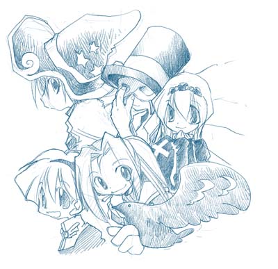1girl 2000s_(style) 4boys acolyte_(ragnarok_online) bird cape cassock cigarette closed_mouth commentary_request cross dress greyscale hairband hasenyo hat hawk high_ponytail high_priest_(ragnarok_online) hunter_(ragnarok_online) long_hair long_sleeves looking_at_viewer lowres mask masquerade_mask monk_(ragnarok_online) monochrome multiple_boys open_mouth ponytail ragnarok_online short_hair simple_background smile top_hat upper_body witch_hat wizard_(ragnarok_online)