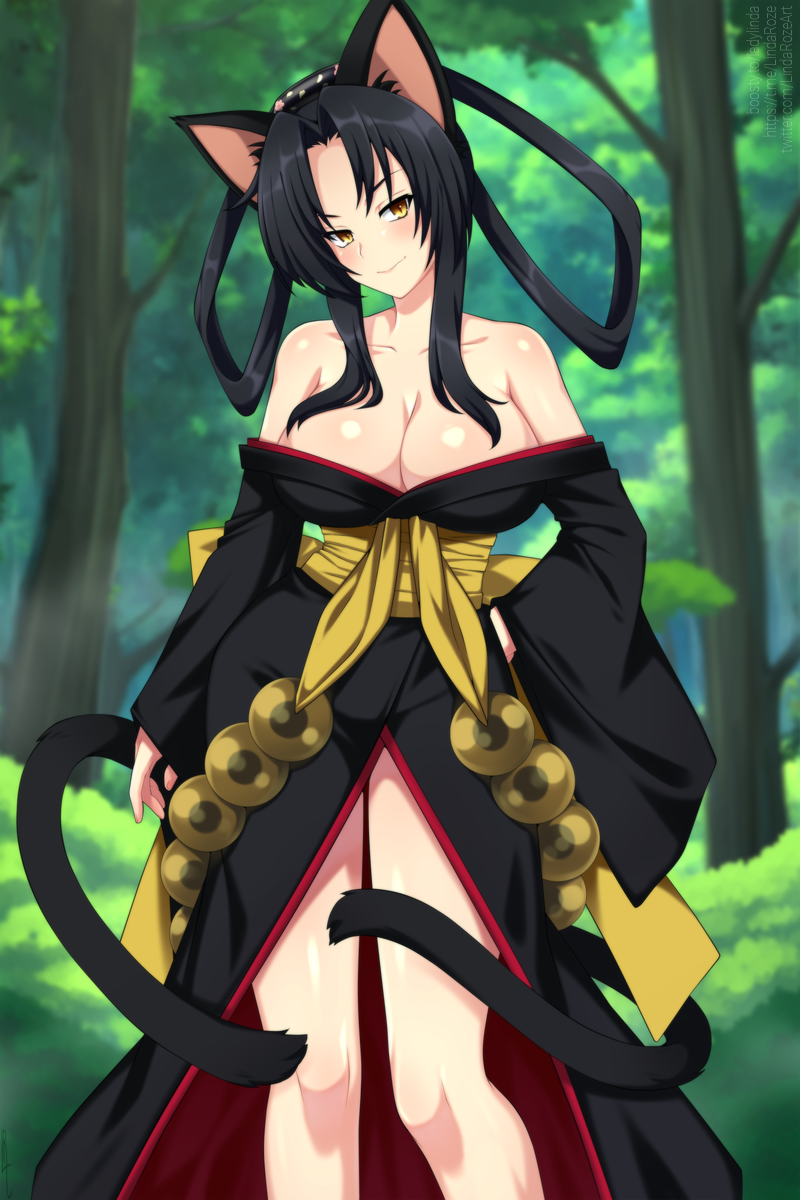 1girl animal_ears bare_shoulders black_hair black_kimono blurry blurry_background breasts cat_ears cat_girl cat_tail cleavage closed_mouth collarbone commentary contrapposto day english_commentary female_focus forest hair_rings hand_on_own_hip high_school_dxd highres japanese_clothes kimono kuroka_(high_school_dxd) large_breasts lindaroze long_hair long_sleeves looking_at_viewer multiple_tails nature obi outdoors sash slit_pupils smile solo standing tail thighs tree two_tails wide_sleeves yellow_eyes