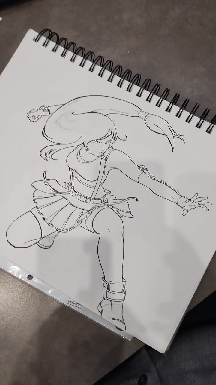1girl artist_request bare_shoulders belt boots braces breasts clenched_hand elbow_gloves facebook_username fighting_stance final_fantasy final_fantasy_vii final_fantasy_vii_remake gloves highres ink lineart long_hair looking_at_another looking_to_the_side medium_breasts midriff miniskirt navel photo_(medium) sidelocks simple_background sketchbook skirt solo tank_top thighhighs tifa_lockhart traditional_media white_background