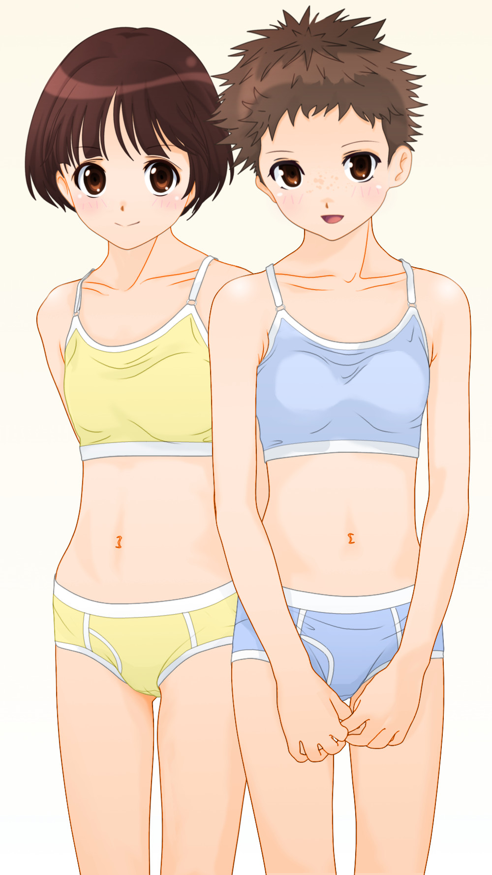 2girls arms_behind_back blue_bra blue_panties blush bra breasts brown_eyes brown_hair cameltoe collarbone crotch_seam dedenden_(pixiv30568724) highres looking_at_viewer multiple_girls navel open_mouth original panties short_hair small_breasts smile spiked_hair standing underwear white_background yellow_bra yellow_panties
