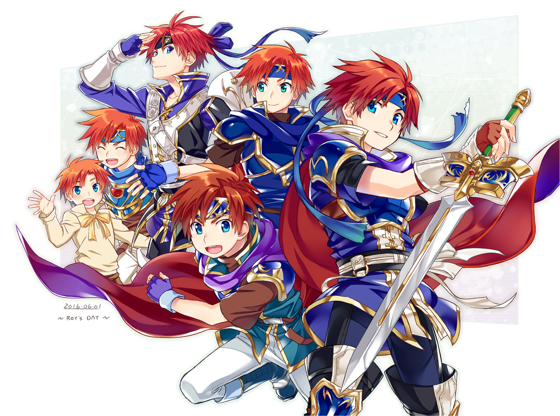 2016 6+boys armor blue_armor blue_eyes blue_headband character_name child dated fire_emblem fire_emblem:_the_binding_blade fire_emblem:_the_blazing_blade fire_emblem_awakening gold_trim headband male_focus multiple_boys nintendo red_hair roy_(fire_emblem) shirt super_smash_bros. sword weapon white_background white_shirt yuki_(sumaburalove)
