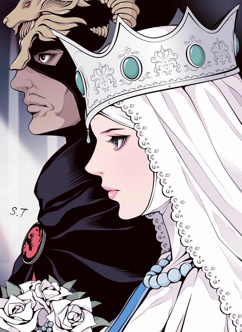 1boy 1girl aqua_eyes black_capelet black_mask capelet character_request clarisse_de_cagliostro closed_mouth commentary_request crown dress facial_hair flower jewelry limited_palette looking_to_the_side lupin_iii mustache necklace pearl_necklace pink_lips red_eyes rose signature spot_color takanashi_shin upper_body veil wedding_dress white_crown white_flower white_rose white_veil