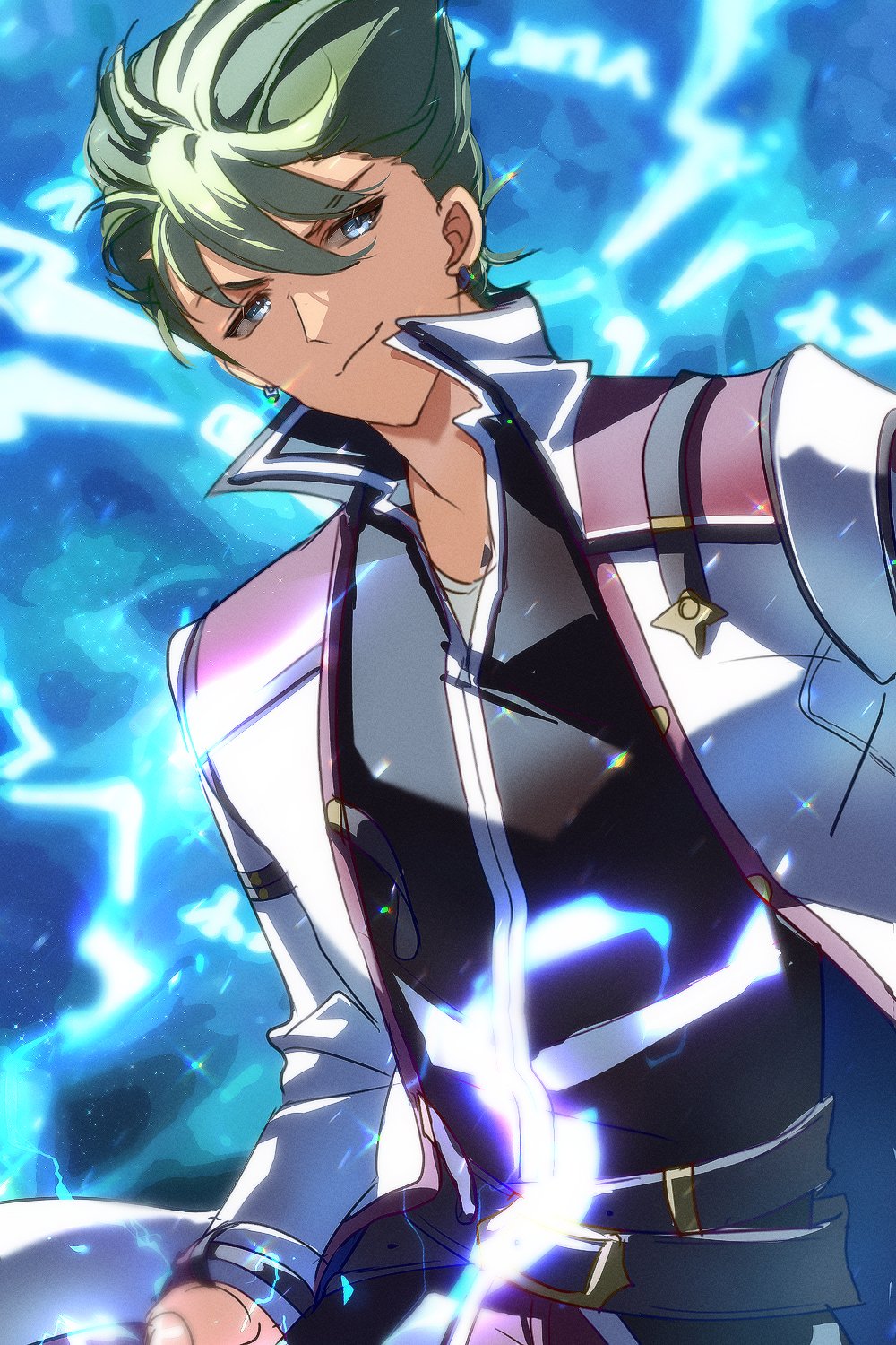 1boy blue_eyes coat earrings eiyuu_densetsu green_hair hair_between_eyes high_collar highres jewelry kai_no_kiseki kevin_graham kuro_no_kiseki_(series) male_focus short_hair smile solo spiked_hair swept_bangs upper_body zer00han