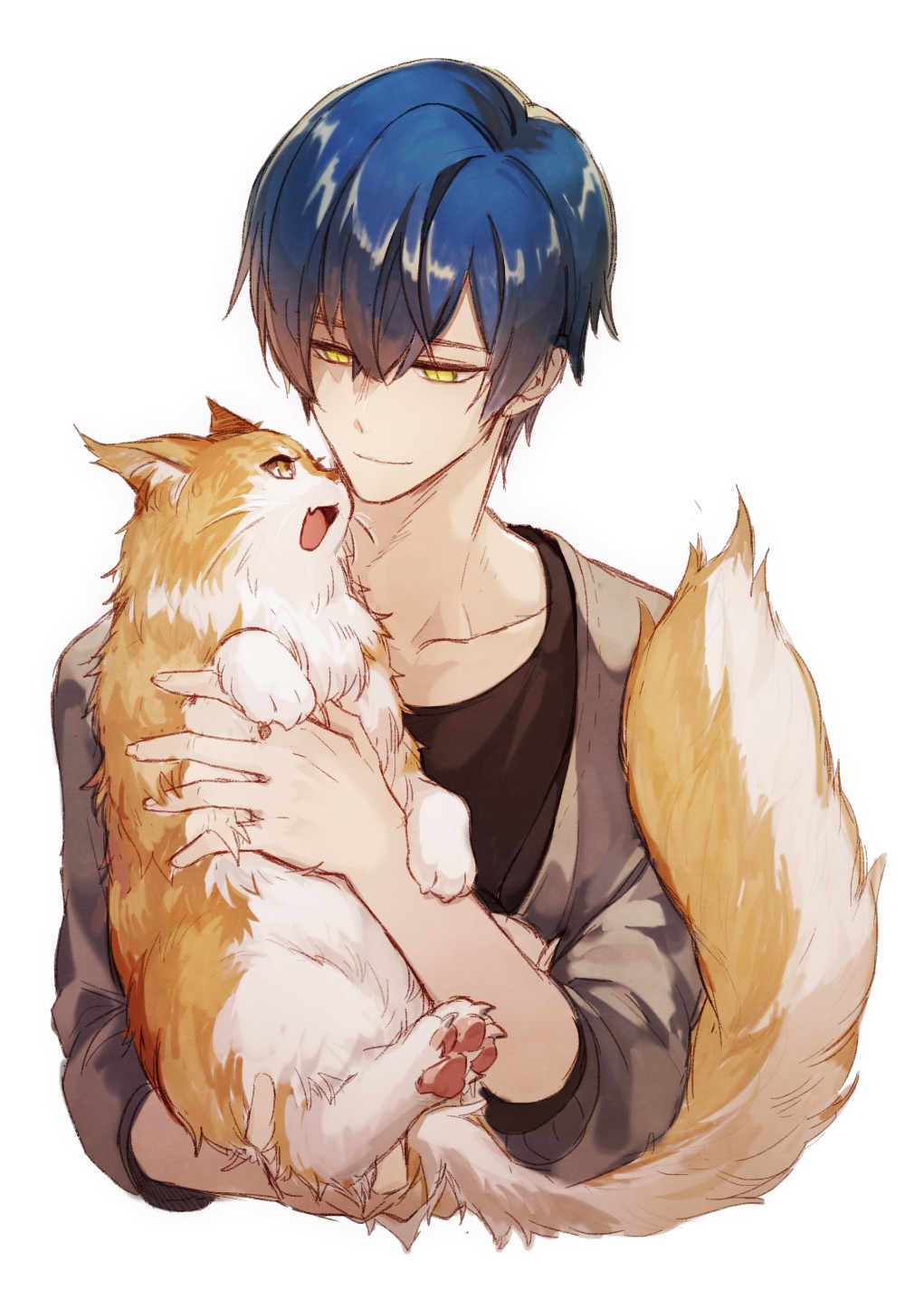 1boy animal black_shirt blue_hair cardigan cat chinese_commentary closed_mouth collarbone commentary_request cropped_torso grey_cardigan hair_between_eyes highres holding holding_animal holding_cat male_focus open_cardigan open_clothes original shang_xiao_(slick321) shirt short_hair slit_pupils smile solo yellow_eyes