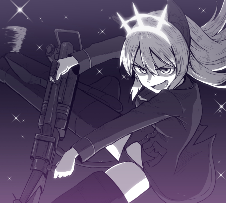 1girl animal_ears breasts cat_ears cat_tail fang flying gun heinrike_prinzessin_zu_sayn-wittgenstein liar_lawyer long_hair military_uniform noble_witches open_mouth outdoors panties rifle sky small_breasts smile solo star_(sky) starry_sky strike_witches striker_unit tail underwear weapon world_witches_series