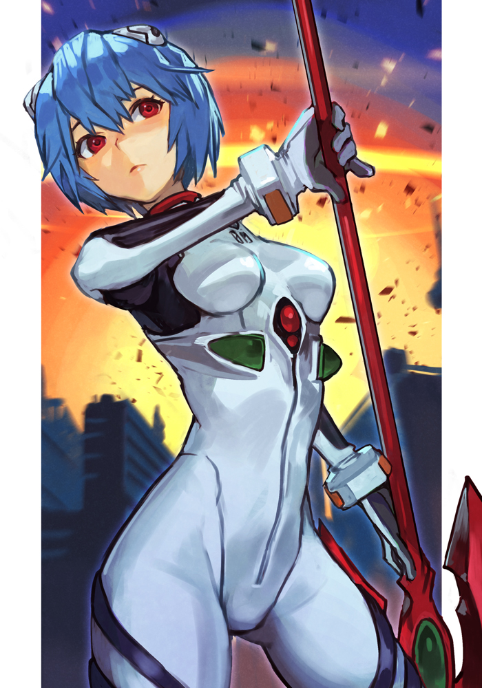 1girl ayanami_rei blue_hair bodysuit breasts cowboy_shot explosion expressionless holding holding_polearm holding_weapon hungry_clicker interface_headset_(evangelion) lance mecha_pilot_suit medium_breasts neon_genesis_evangelion outdoors plugsuit_(evangelion) polearm rebuild_of_evangelion red_eyes short_hair solo spear_of_cassius weapon white_bodysuit
