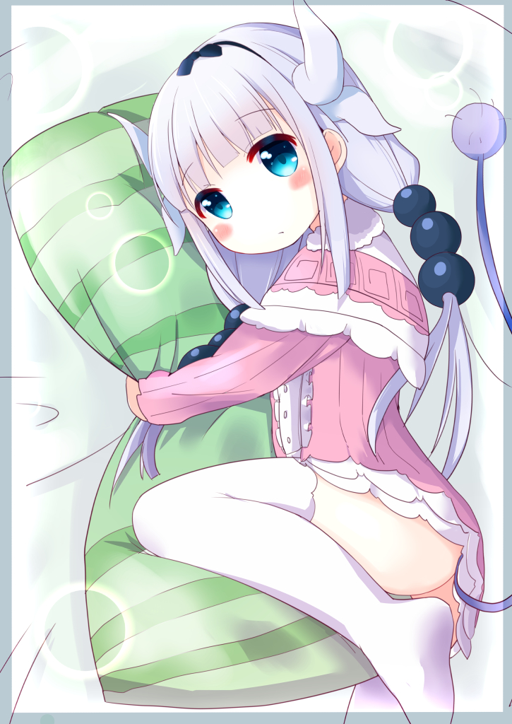 beads blue_eyes blunt_bangs blush border dragon_horns dress gradient_hair hair_beads hair_ornament hairband horns hugging_object kanna_kamui kobayashi-san_chi_no_maidragon long_hair lying multicolored_hair pillow pillow_hug solo sou_(soutennkouchi) tail thighhighs twintails