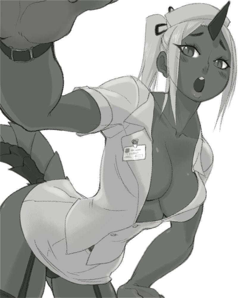 1girl basilisk breasts cleavage crybringer dark-skinned_female dark_skin demon_mages female_focus garter_straps greyscale hat horns large_breasts lizard_tail monochrome monster_girl nurse_cap open_mouth ponytail single_horn solo tail thighhighs ziggy_kakziga