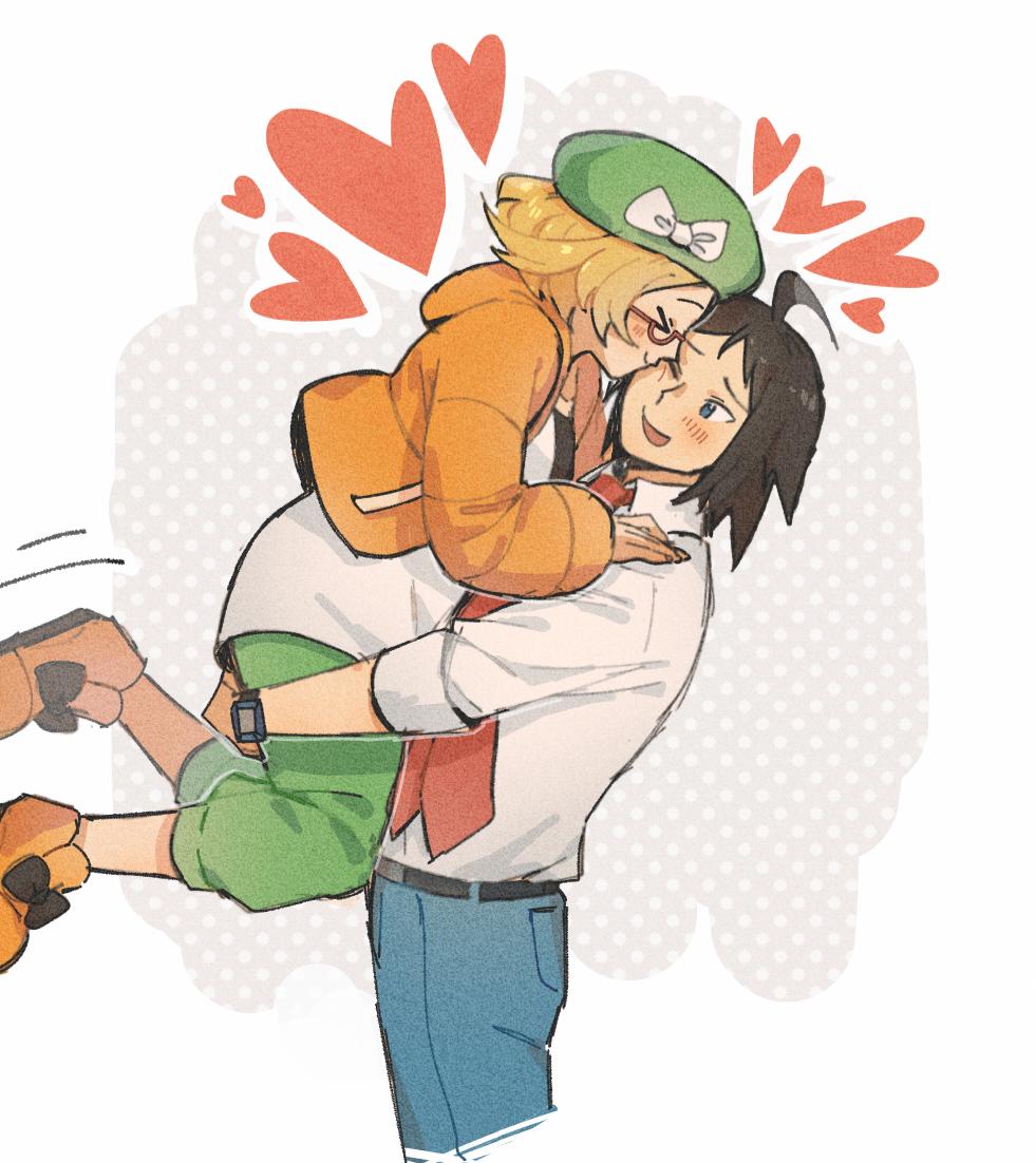 1boy 1girl ahoge belt beret bianca_(pokemon) black_belt blonde_hair blush capri_pants cheren_(pokemon) closed_mouth collared_shirt commentary from_side glasses green_hat green_pants hat heart hetero hood hood_down hooded_jacket jacket miiyokoe necktie nintendo orange_jacket orange_shoes pants pokemon pokemon_bw2 red_necktie semi-rimless_eyewear shirt shoes short_hair smile white_shirt
