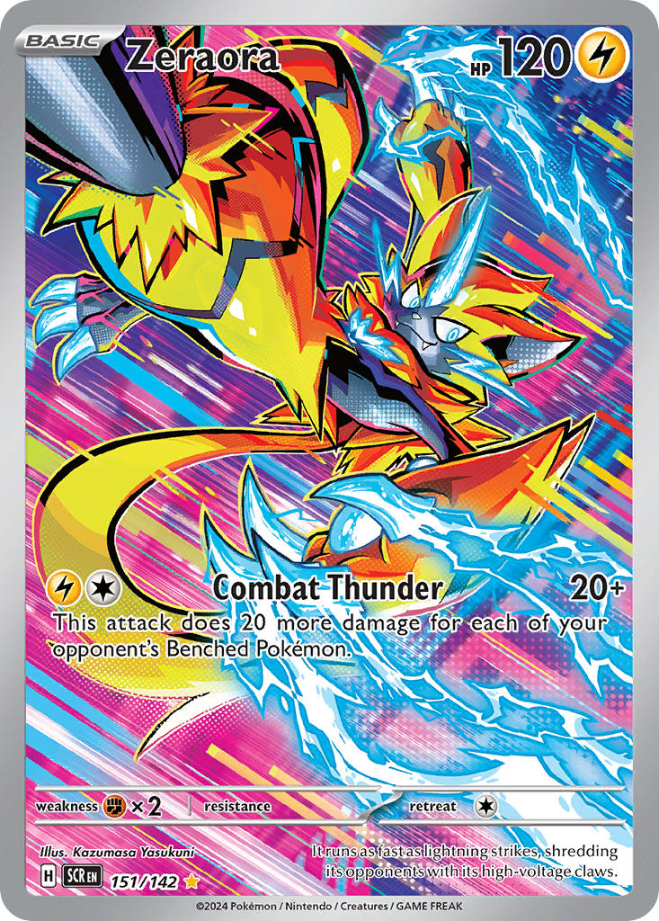 artist_name blue_eyes card_(medium) character_name closed_mouth company_name copyright_name copyright_notice electricity english_text fangs gen_7_pokemon glowing glowing_claws legendary_pokemon mythical_pokemon nintendo official_art pokemon pokemon_(creature) pokemon_card pokemon_focus pokemon_tcg smile solo third-party_source trading_card yasukuni_kazumasa zeraora