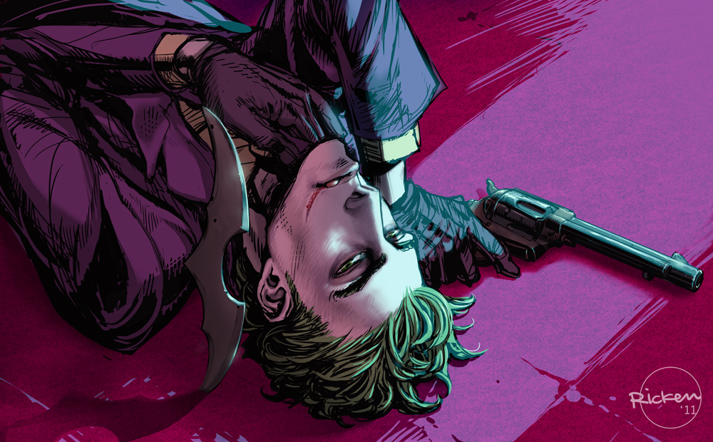 1boy batman_(series) blood dc_comics formal_clothes gloves green_eyes green_hair gun handgun looking_at_viewer lying male_focus matching_hair/eyes on_back revolver ricken solo suit the_joker weapon