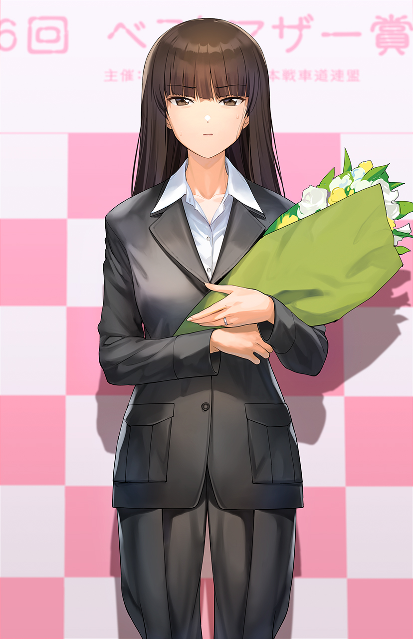 1girl a1_(initial-g) black_jacket black_pants blunt_bangs bouquet brown_eyes brown_hair checkered_background collared_shirt commentary_request cowboy_shot dress_shirt flower formal_clothes girls_und_panzer highres holding holding_bouquet jacket jewelry long_hair long_sleeves mature_eyes mature_female nervous nishizumi_shiho pant_suit pants ring shirt skirt solo step_and_repeat straight_hair suit suit_jacket sweatdrop wedding_ring white_skirt wing_collar