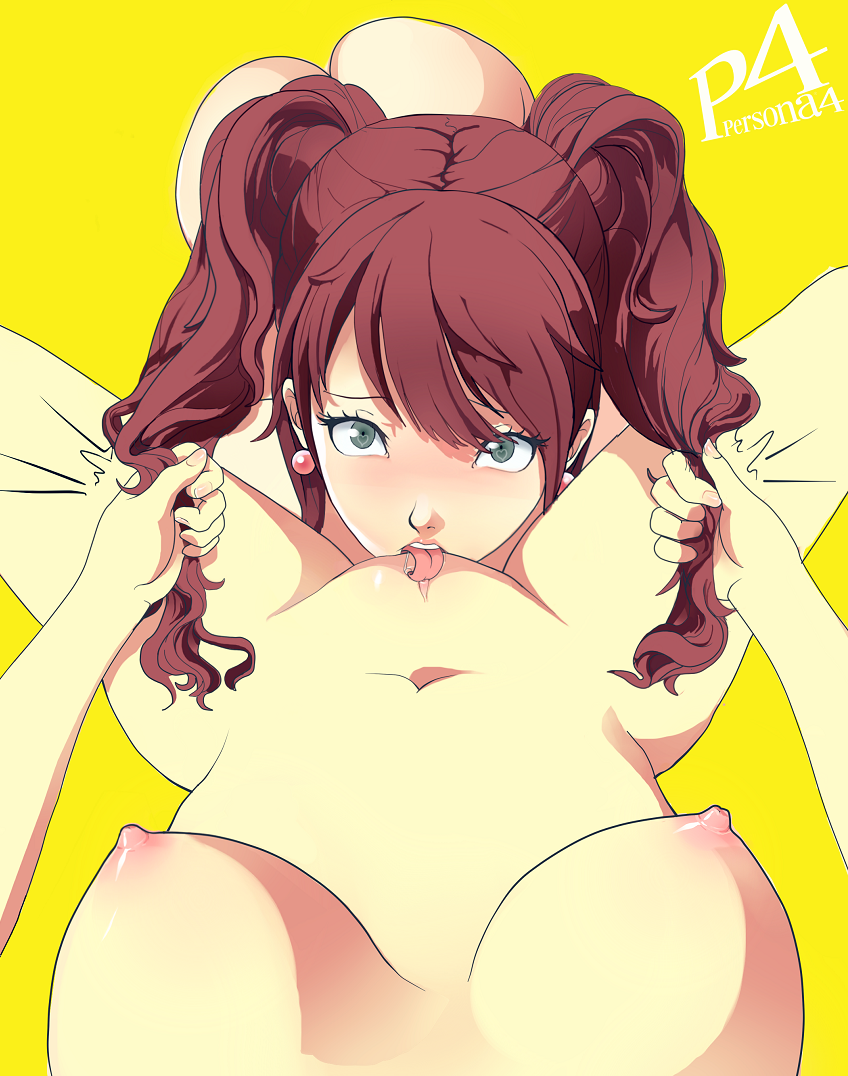 2girls ass atlus bad_anatomy blue_eyes blush breasts brown_hair completely_nude copyright_name cunnilingus drawfag earrings female_pov grabbing_another&#039;s_hair grabbing_another&#039;s_twintails heart heart-shaped_pupils holding holding_own_hair jewelry kujikawa_rise large_breasts looking_at_viewer megami_tensei multiple_girls navel nipples nude official_style oral persona persona_4 pov saliva shin_megami_tensei simple_background sunbeam_(artist) symbol-shaped_pupils twintails uncensored yellow_background yuri