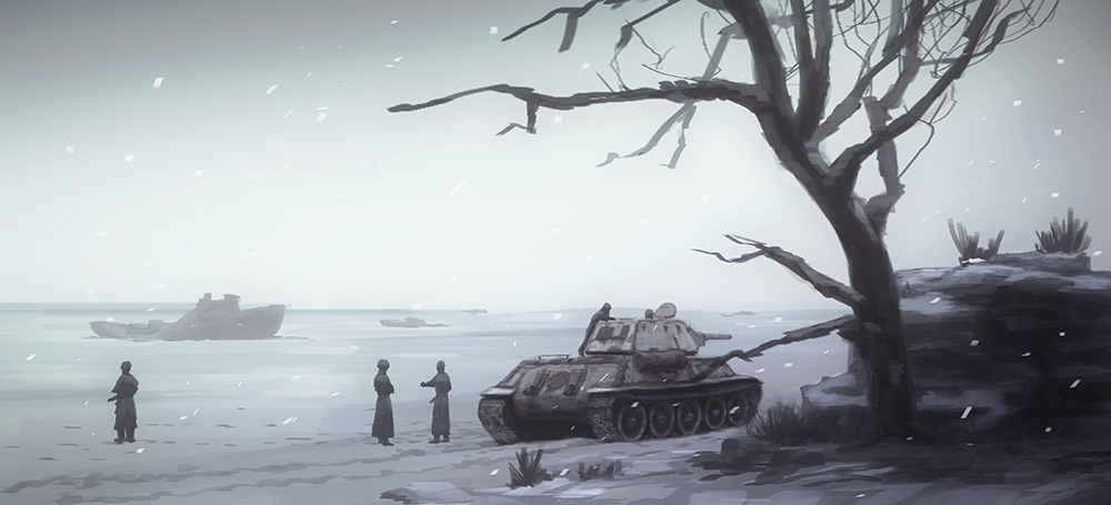3boys bare_tree day dead_plants grass hill lhlclllx97 military_vehicle motor_vehicle multiple_boys original scenery ship snow snowing soldier tank tree war watercraft world_war_ii