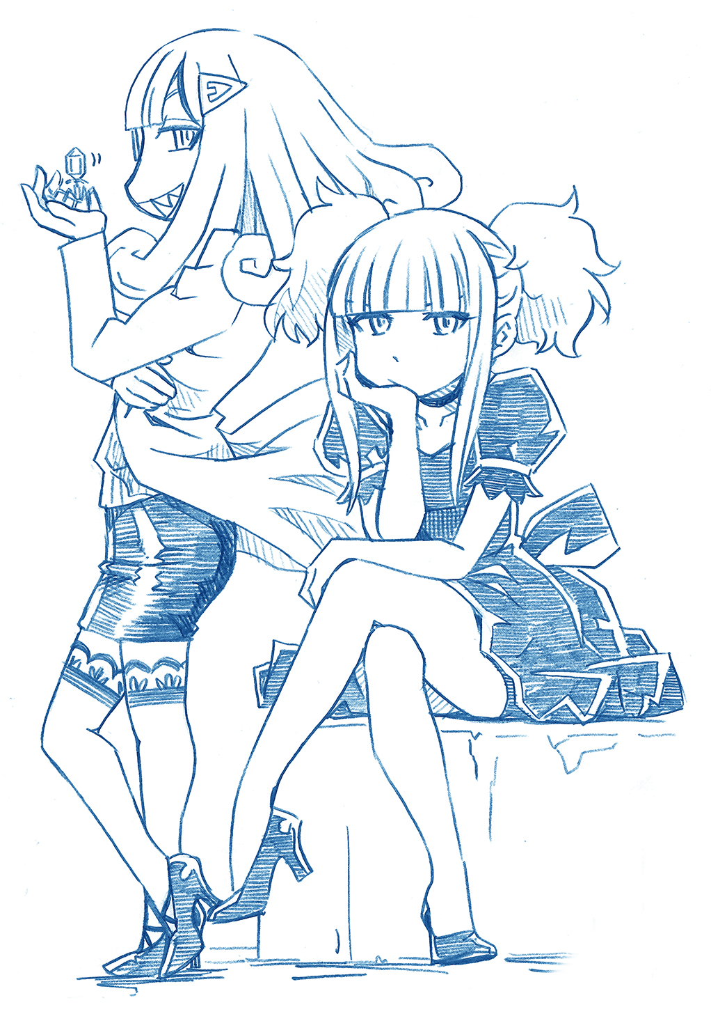 2girls aoki_hagane_no_arpeggio bbb_(friskuser) blue_theme blunt_bangs choker commentary_request crossed_legs crystal dress elbow_rest floating grin hair_ornament hairclip high_heels highres hyuuga_(aoki_hagane_no_arpeggio) kongou_(aoki_hagane_no_arpeggio) lab_coat long_hair long_sleeves looking_at_viewer monochrome monocle multiple_girls pencil_skirt puffy_short_sleeves puffy_sleeves sharp_teeth short_sleeves sidelocks sitting skirt smile standing teeth thighhighs twintails