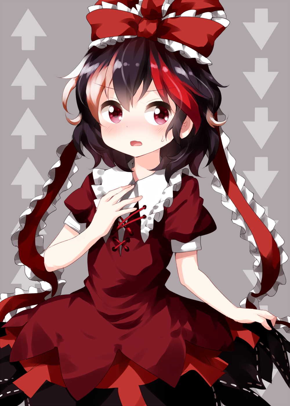 1girl arrow_(symbol) black_hair blush cosplay cowboy_shot cross-laced_clothes dress frilled_ribbon frills grey_background hair_ribbon highres holding holding_unworn_clothes holding_unworn_dress kagiyama_hina kagiyama_hina_(cosplay) kijin_seija looking_at_viewer multicolored_hair open_mouth puffy_short_sleeves puffy_sleeves red_dress red_eyes red_hair red_ribbon ribbon ruu_(tksymkw) short_sleeves simple_background skirt_hold solo standing streaked_hair sweat touhou white_hair