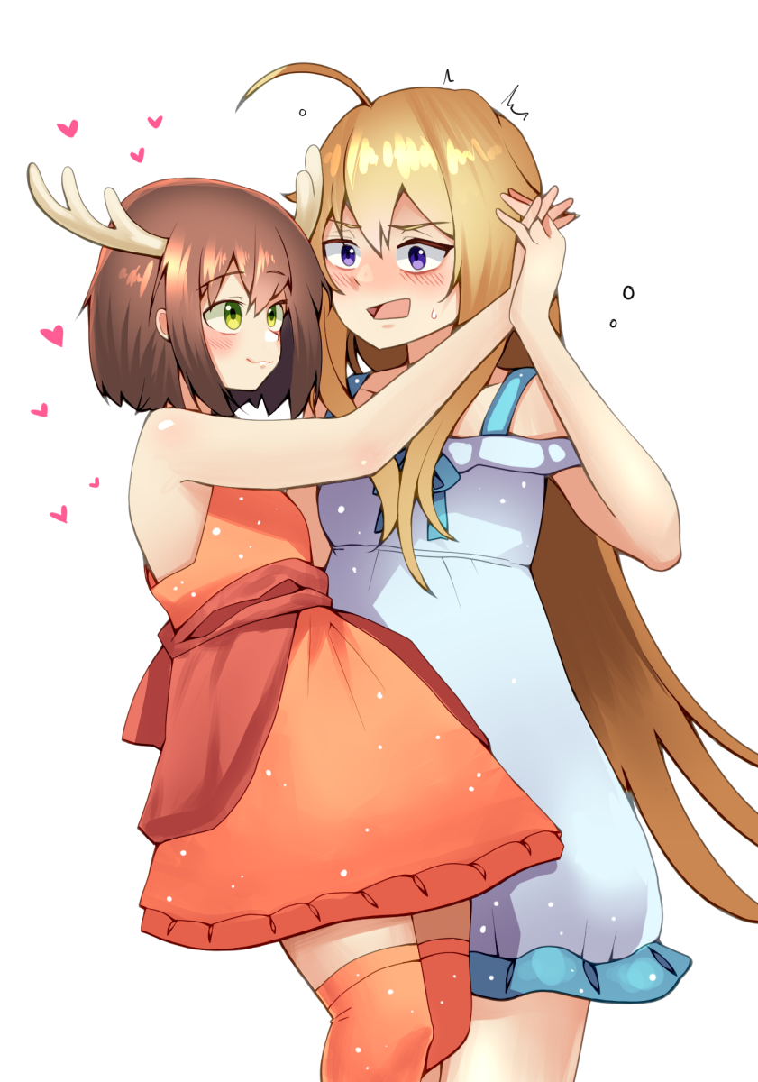 2girls ahoge antlers bare_shoulders blonde_hair blue_dress blush brown_hair closed_mouth commentary dancing deer_antlers deer_girl dress english_commentary green_eyes heart highres holding_hands horns koshi_torako long_hair looking_at_another multiple_girls n0_image open_mouth purple_eyes red_dress red_thighhighs shikanoko_noko shikanoko_nokonoko_koshitantan short_hair simple_background sleeveless sleeveless_dress sweat thighhighs white_background yuri