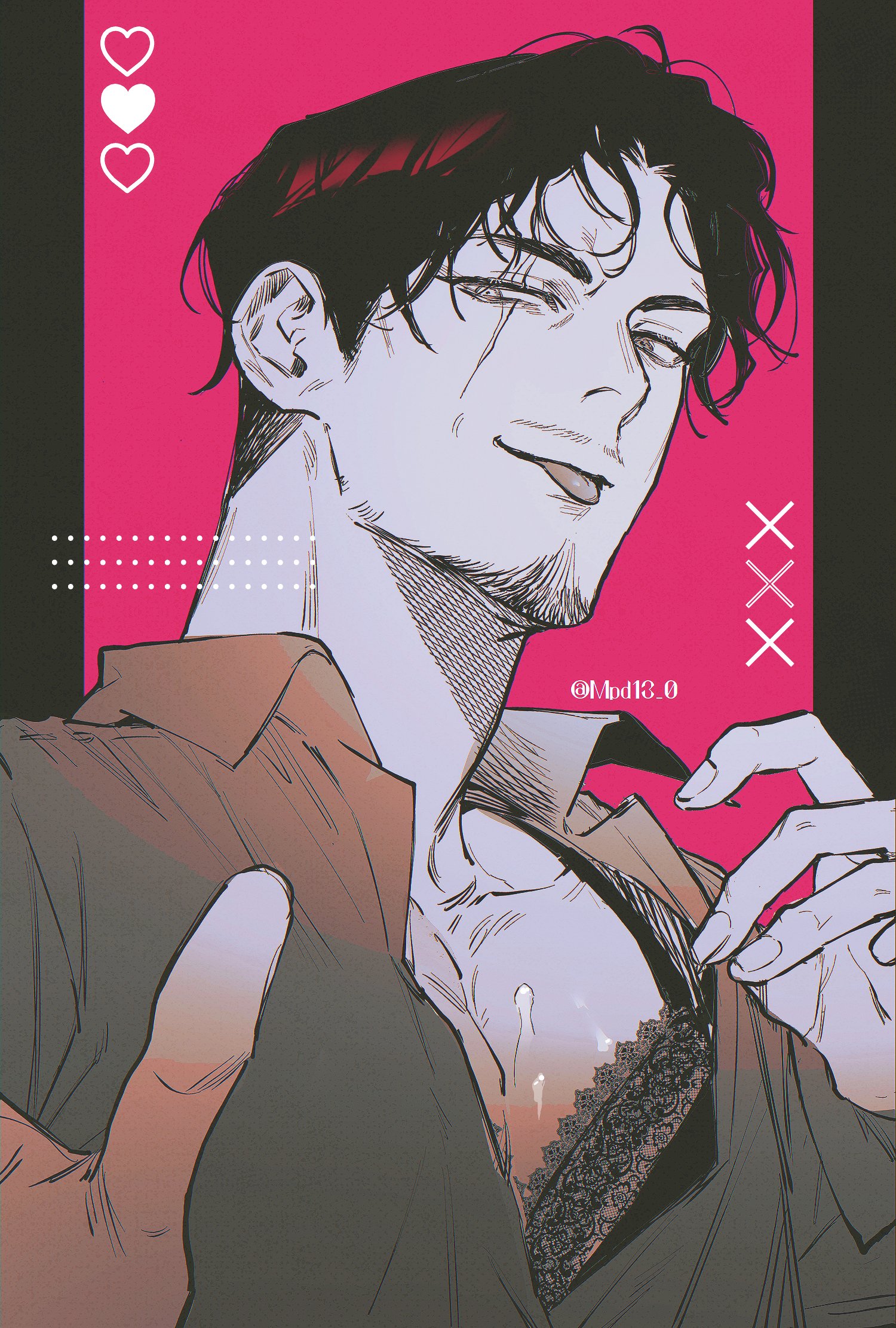 1boy amayado_rei beard_stubble bra collarbone collared_shirt crossdressing crossdressing_(mtf) curtained_hair facial_hair film_grain flashing hand_up heart heterochromia highres hypnosis_mic lace lace-trimmed_bra lace_trim looking_at_viewer male_focus mature_eyes mature_male mpd13_0 mustache_stubble naughty_face outside_border parted_bangs partially_unbuttoned pectoral_cleavage pectorals pillarboxed pink_background portrait scar scar_across_eye scar_on_face shirt short_hair smirk solo stubble suggestive_fluid tongue tongue_out twitter_username underwear wavy_hair wrinkled_skin x