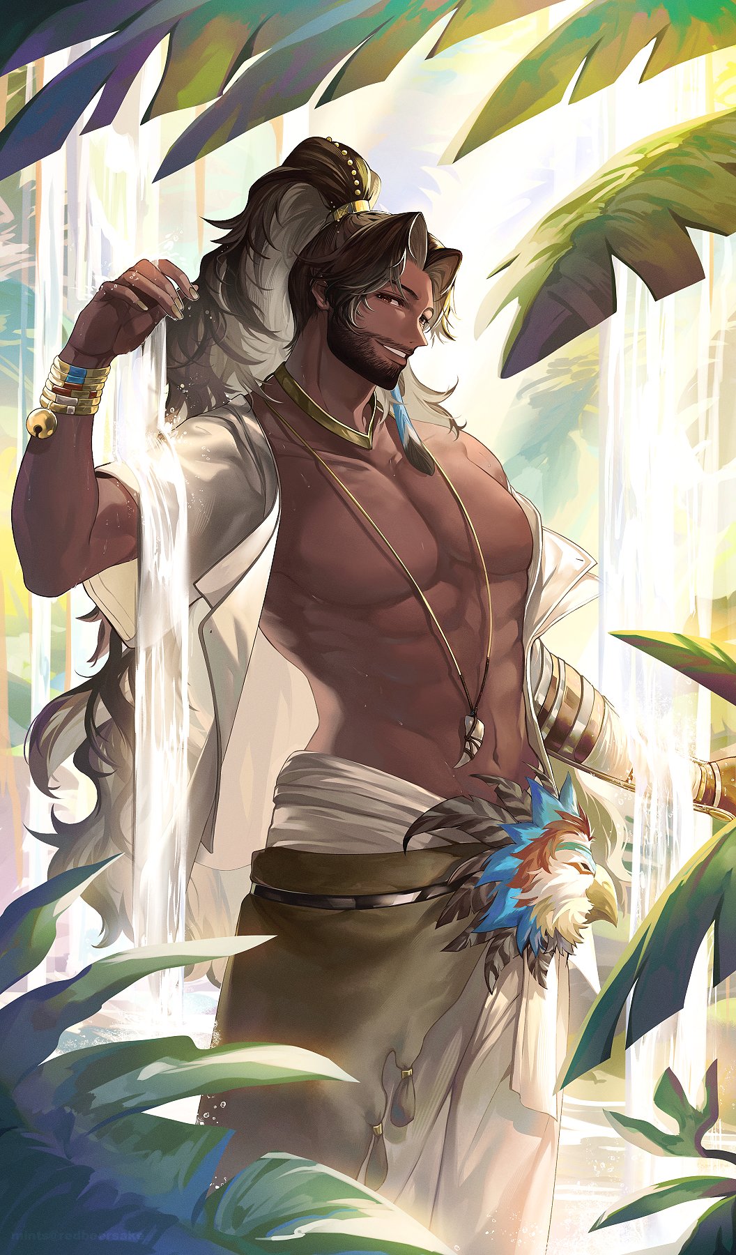 1boy beard bird_mask black_hair brown_eyes cowboy_shot dark-skinned_male dark_skin facial_hair grin hand_up highres jewelry large_pectorals long_hair looking_at_viewer male_focus mask mature_male mechanical_arms muscular muscular_male nature navel necklace official_alternate_costume open_clothes open_shirt pants pectorals pendant plant ponytail prosthesis prosthetic_arm rainforest redricewine reverse:1999 shamane shirt short_sleeves single_mechanical_arm smile solo tooth_necklace unworn_mask very_long_hair water waterfall white_pants white_shirt