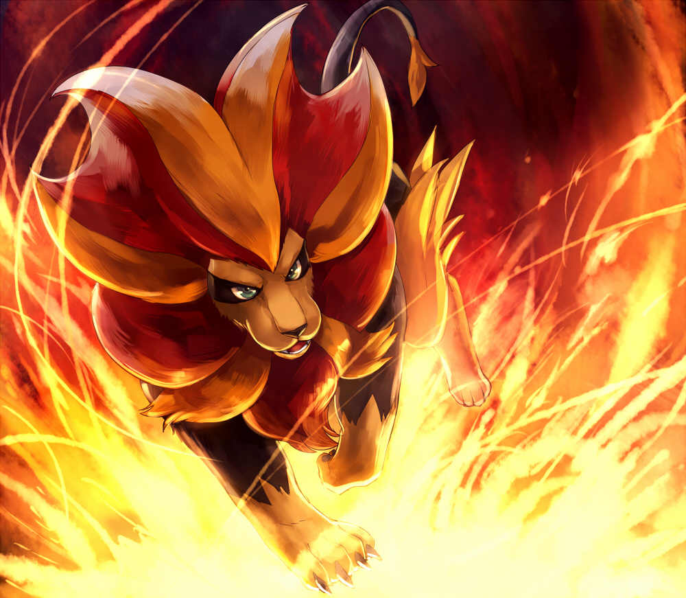 animal_focus aotsuki blue_eyes claws commentary_request fire full_body gen_6_pokemon lion mane nintendo no_humans open_mouth pokemon pokemon_(creature) pokemon_focus pyroar pyroar_(male) solo