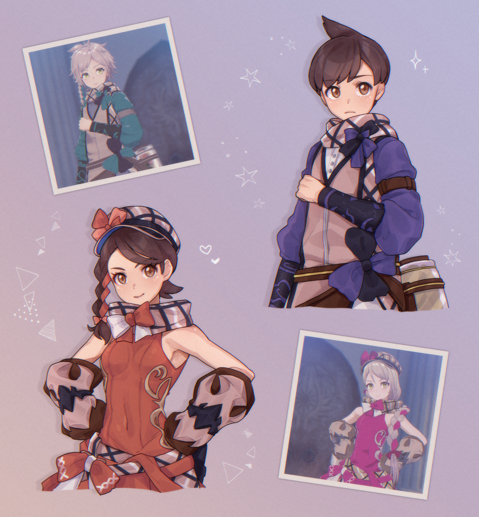 1boy 1girl arm_up beret bow braid breasts brown_hair clanne_(fire_emblem) clanne_(fire_emblem)_(cosplay) clenched_hand closed_mouth commentary_request cosplay covered_navel cowlick fire_emblem fire_emblem_engage florian_(pokemon) framme_(fire_emblem) framme_(fire_emblem)_(cosplay) game_screenshot_inset hair_bow hands_on_own_hips hat heart juliana_(pokemon) looking_at_viewer nintendo plaid_clothes plaid_hat plaid_scarf pokemon pokemon_sv scarf short_hair single_braid small_breasts smile sparkle standing star_(symbol) symoca
