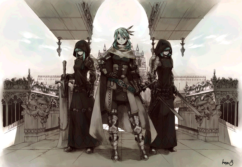 3girls armor artist_name blue_eyes blue_hair closed_mouth day dual_wielding faceless faceless_female frown hand_on_own_hip holding holding_sword holding_weapon kaya8 knight limited_palette looking_at_viewer multiple_girls muted_color outdoors shaded_face short_hair spectral_(series) spectral_force sword weapon