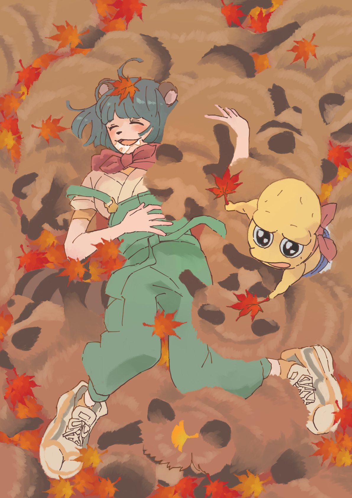 1boy 1girl :3 animal_ears animal_nose autumn_leaves bald bandana bandana_around_neck black_eyes blush closed_eyes colored_skin drooling full_body green_overalls grey_hair hand_on_own_stomach highres holding holding_leaf layered_shirt leaf leaf_on_head lying lying_on_animal maple_leaf mode_aim on_back open_mouth orange_shirt overalls peanuts-kun ponpoko_(vtuber) qp_(qp_anipokopi) raccoon_ears raccoon_girl red_bandana shirt shoes sleeping smile sneakers strap_slip tanuki too_many topless_male virtual_youtuber white_footwear white_shirt yellow_skin