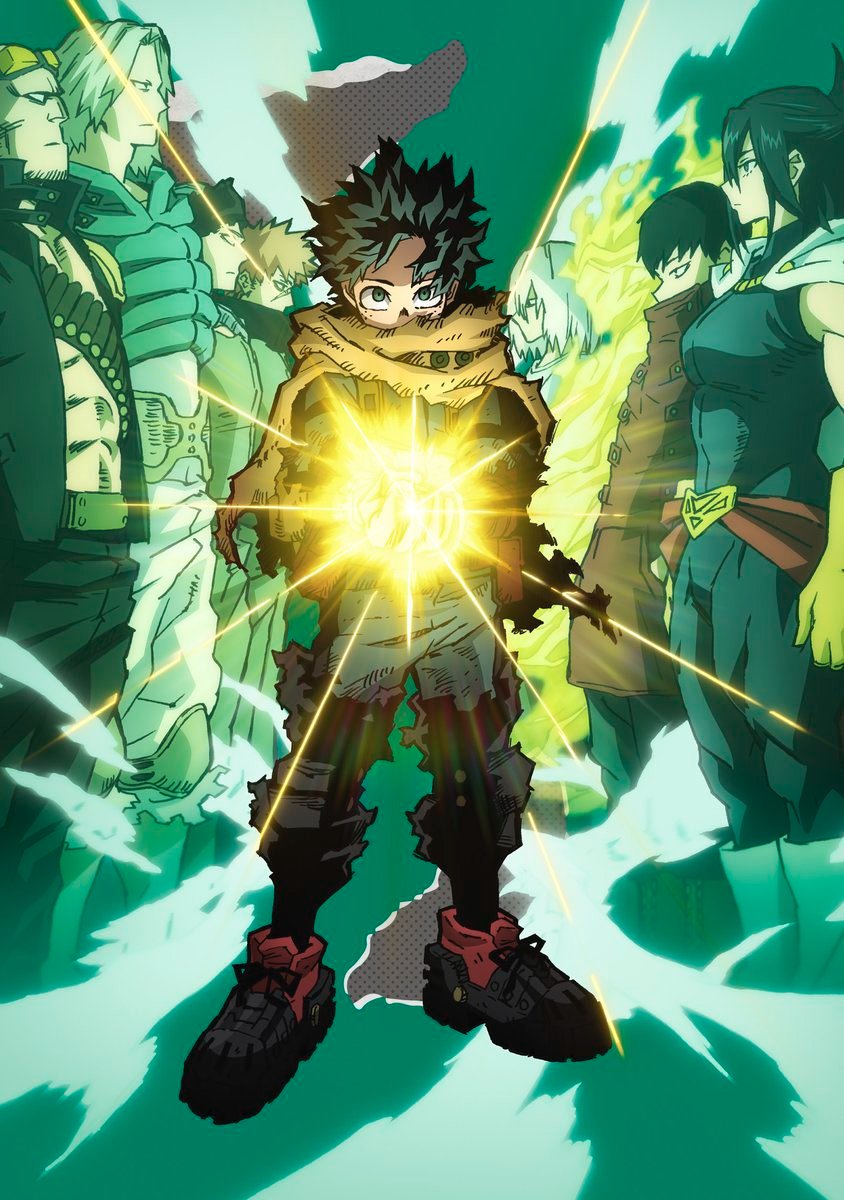 1girl 6+boys abs background-color bare_shoulders beard belt_buckle black_hair bodysuit boku_no_hero_academia boots breasts bruce_(boku_no_hero_academia) buckle bullet cape clenched_hand coat collared_coat collared_jacket facial_hair gloves goggles goggles_on_head green_background green_eyes green_hair headband headgear hero highres jacket kudo_(boku_no_hero_academia) lariat_(boku_no_hero_academia) mature_female mature_male midoriya_izuku multiple_boys muscular muscular_female muscular_male no_eyebrows non-web_source official_alternate_costume orange_hair people ragged_clothes red_coat scar scar_on_face scarf scarf_over_mouth serious shigaraki_yoichi shimura_nana shinomori_hikage short_hair skin_tight sleeveless sleeveless_bodysuit spirit spoilers tagme tayutai_en thick_thighs thighs torn_cape torn_clothes turtleneck turtleneck_jacket umakoshi_yoshihiko waist_cape white_cape white_footwear white_hair yagi_toshinori yellow_cloak yellow_light
