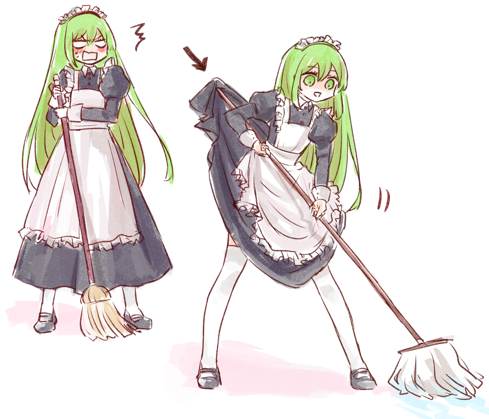 1boy 1other alternate_costume androgynous apron black_dress blank_eyes broom commentary_request dress dual_persona enkidu_(fate) fate/grand_order fate_(series) green_eyes green_hair himeko_(nico6v6pachi) holding holding_broom holding_mop juliet_sleeves kingu_(fate) long_sleeves maid maid_headdress mop puffy_sleeves sweat thighhighs white_apron white_thighhighs