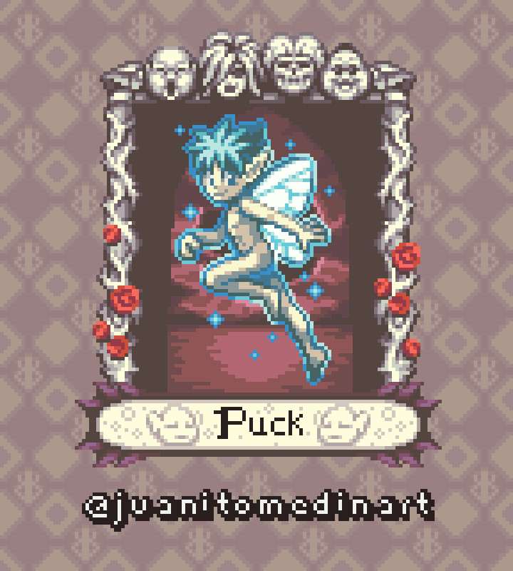 1boy artist_name berserk blue_eyes blue_hair border brand_of_sacrifice chestnut_mouth conrad_(berserk) eclipse elf fairy fairy_wings fantasy flower juanito_medina male_focus name_tag nude pixel_art pointy_ears portrait puck_(berserk) rose slan_(berserk) smile solo spiked_hair sprite sprite_art twitter_username ubik_(berserk) void_(berserk) wings