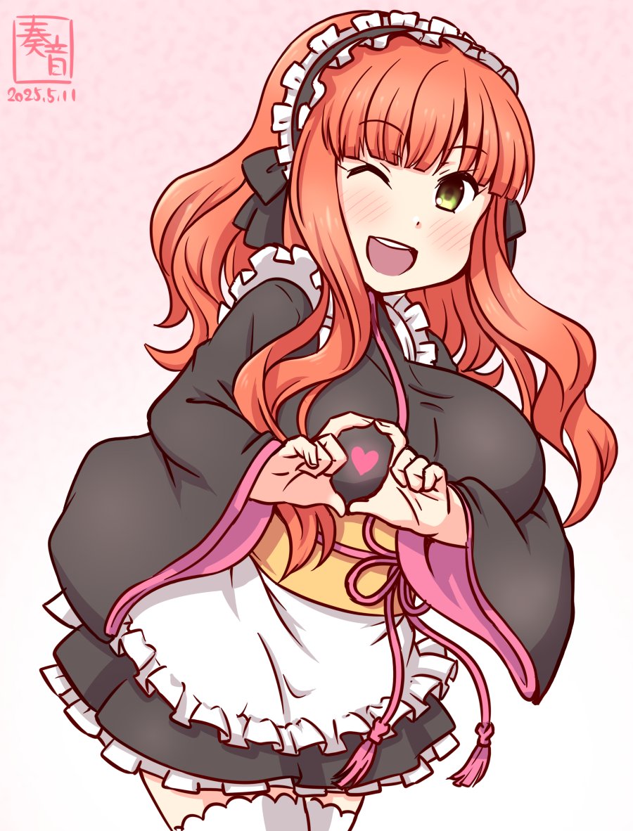 1girl alternate_costume apron artist_logo black_kimono blush braid breasts cowboy_shot dated de_ruyter_(kancolle) four-finger_heart_hands frilled_apron frills gradient_background green_eyes heart heart_hands japanese_clothes kanon_(kurogane_knights) kantai_collection kimono large_breasts logo long_hair long_sleeves looking_at_viewer maid maid_apron maid_headdress obi one_eye_closed open_mouth pink_background red_hair sailor_collar sash short_kimono smile solo thighhighs wa_maid white_apron white_thighhighs wide_sleeves