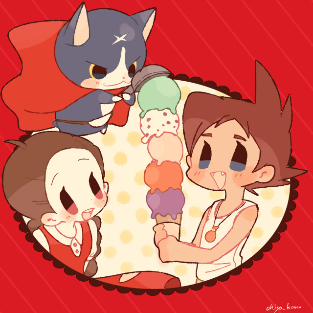10s 1boy 1girl amano_yukiko_(youkai_watch) blush braid brown_hair cape cat chiyoko_(oman1229) fang food fuyunyan gradient_ ice_cream ice_cream_cone ice_cream_scoop keizou long_hair open_mouth red_cape scar short_hair simple_background too_many too_many_scoops traditional_youkai twin_braids twitter_username youkai_watch youkai_watch_2