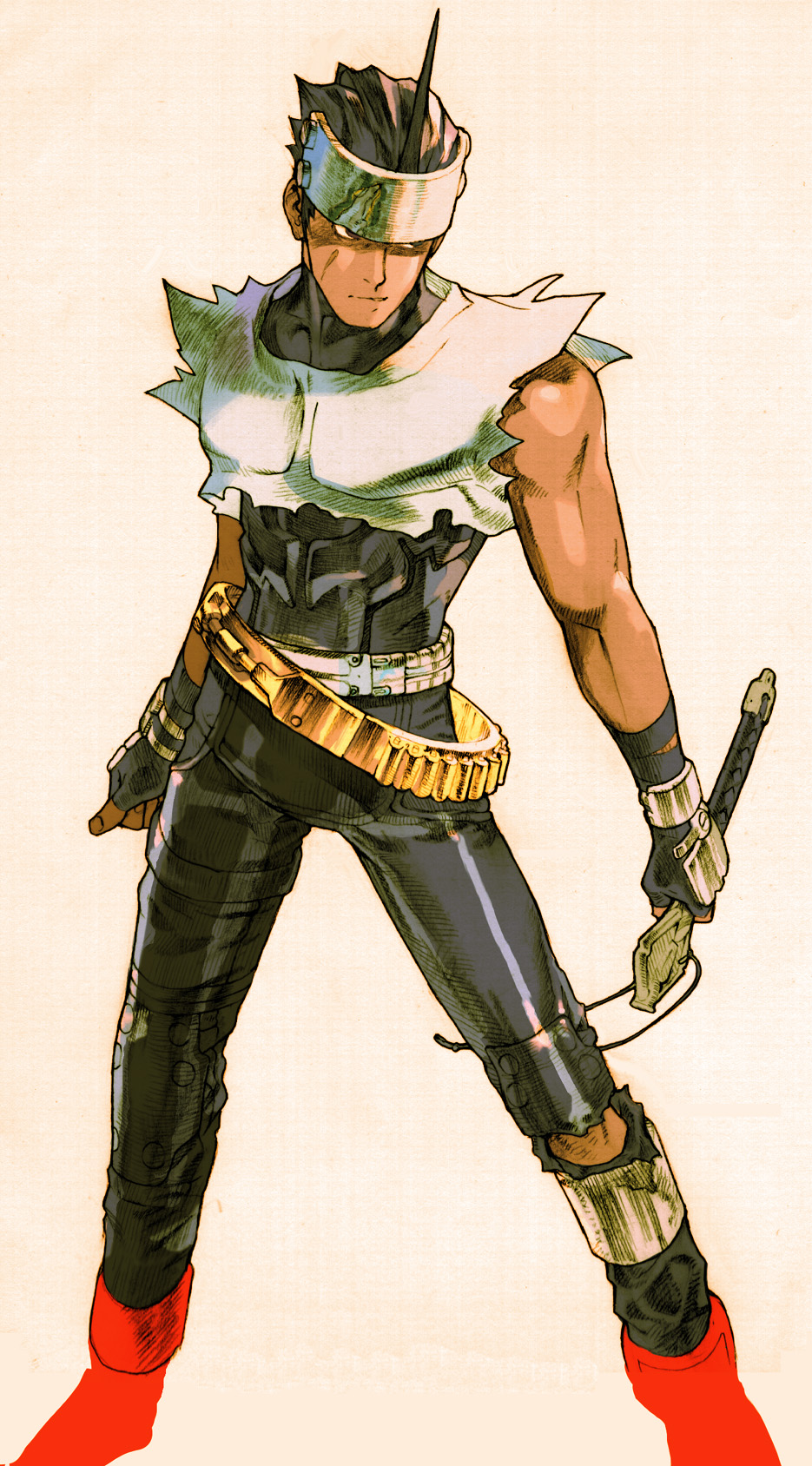 1boy ahoge angry ankle_boots armor belt bengus black_eyes black_hair bodysuit boots capcom clenched_hand crop_top energy_sword fingerless_gloves forehead_protector gloves highres holding kanzaki_hayato_(star_gladiator) male_focus marvel marvel_vs._capcom marvel_vs._capcom_2 multiple_belts muscular official_art parted_lips scar shirt short_hair simple_background sleeveless solo standing star_gladiator sword torn_clothes torn_shirt turtleneck weapon