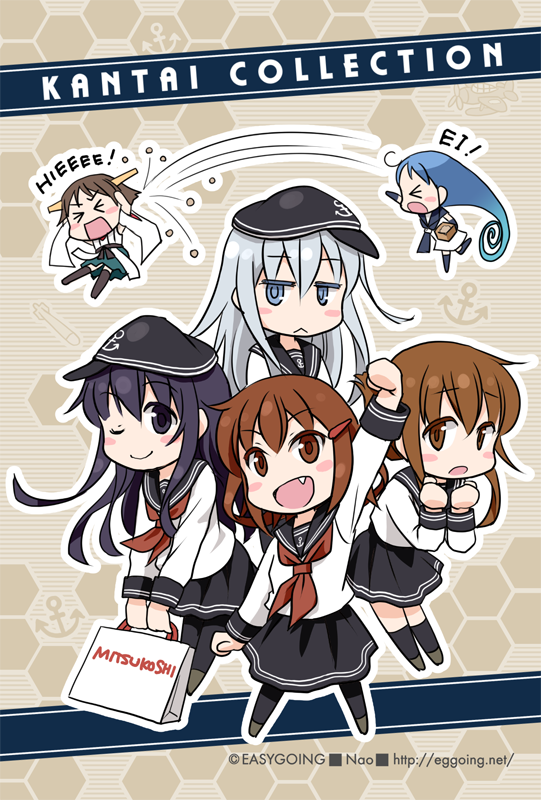akatsuki_(kancolle) artist_name bag black_eyes black_hair black_headwear black_pantyhose black_sailor_collar black_skirt black_socks blue_eyes chibi commentary_request copyright_name english_text fang flat_cap folded_ponytail frown full_body hat hibiki_(kancolle) hiei_(kancolle) honeycomb_(pattern) honeycomb_background ikazuchi_(kancolle) inazuma_(kancolle) kantai_collection nao_(nao_eg) neckerchief one_eye_closed open_mouth pantyhose pleated_skirt red_neckerchief sailor_collar samidare_(kancolle) school_uniform serafuku shopping_bag skirt smile socks standing watermark web_address white_hair