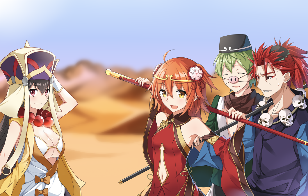 2boys 2girls ahoge bare_shoulders beads bikini bikini_top_only black_hair breasts circlet cleavage closed_eyes clothing_cutout david_(fate) david_(fate/apocrypha) david_(the_three_great_heroes)_(fate) detached_sleeves dress earrings fate/grand_order fate_(series) flower fujimaru_ritsuka_(female) fujimaru_ritsuka_(female)_(the_three_great_heroes) green_hair hair_flower hair_ornament hair_ribbon hat jewelry journey_to_the_west large_breasts li_shuwen_(fate) li_shuwen_(fate/grand_order) li_shuwen_(young)_(fate) long_hair multiple_boys multiple_girls navel navel_cutout official_alternate_costume polearm ponytail prayer_beads red_eyes red_hair ribbon ruyi_jingu_bang short_hair smile staff swimsuit tsuezu two_side_up weapon xuangzang_sanzang_(fate) yellow_eyes