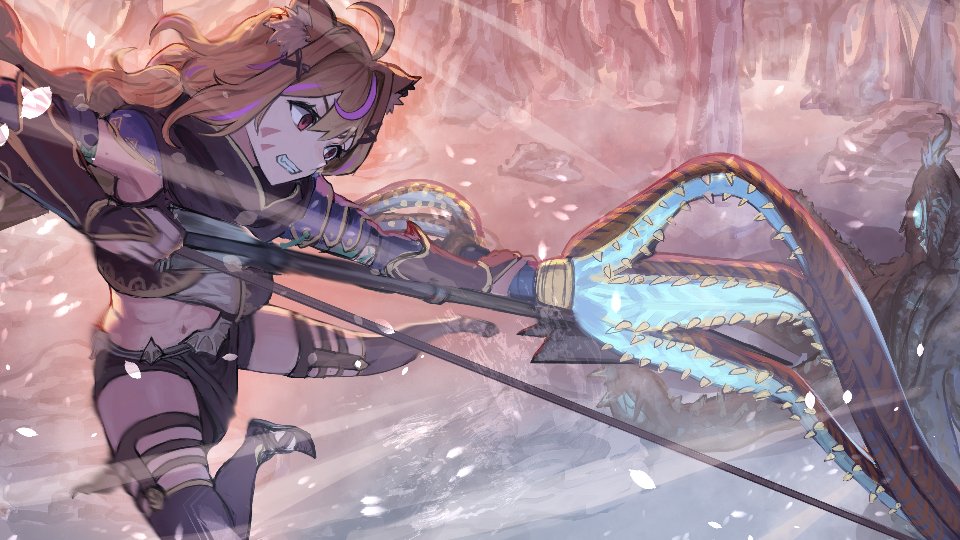 1girl ahoge animal_ear_fluff animal_ears arrow_(projectile) black_thighhighs blonde_hair bow_(weapon) bridal_gauntlets cat_ears cat_girl clenched_teeth facial_mark holding holding_bow_(weapon) holding_weapon indie_virtual_youtuber janoukyo19 long_hair midriff monster_hunter_(series) monster_hunter_wilds multicolored_hair nu_udra purple_hair red_eyes second-party_source shyrei_faolan solo teeth thighhighs two-tone_hair virtual_youtuber weapon whisker_markings xu_wu_(armor)