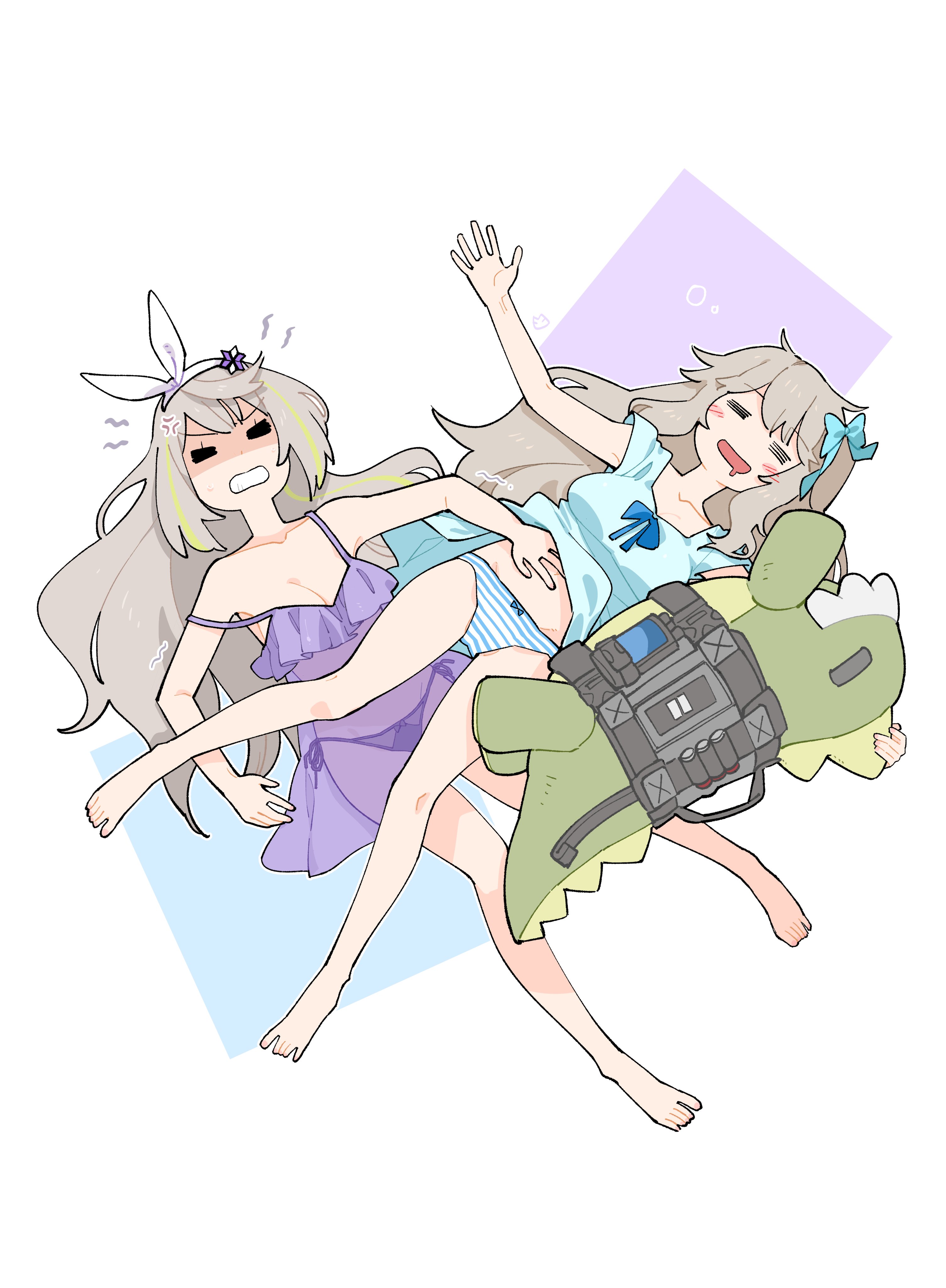 2girls absurdres alternate_costume alternate_hairstyle babydoll barefoot blue_bow blue_nightgown blush bow breasts brown_hair cleavage clenched_teeth closed_eyes commentary feet girls'_frontline girls'_frontline_2:_exilium green_hair hair_bow hairband highres miharu_(cgsky) mr._pizza_(girls'_frontline_2) multicolored_hair multiple_girls nightgown open_mouth panties purple_babydoll purple_panties see-through_clothes sharkry_(girls'_frontline_2) side-tie_panties simple_background sleeping streaked_hair striped_clothes striped_panties symbol-only_commentary teeth toes two-tone_hair two-tone_panties underwear vepley_(girls'_frontline_2) white_background white_hairband
